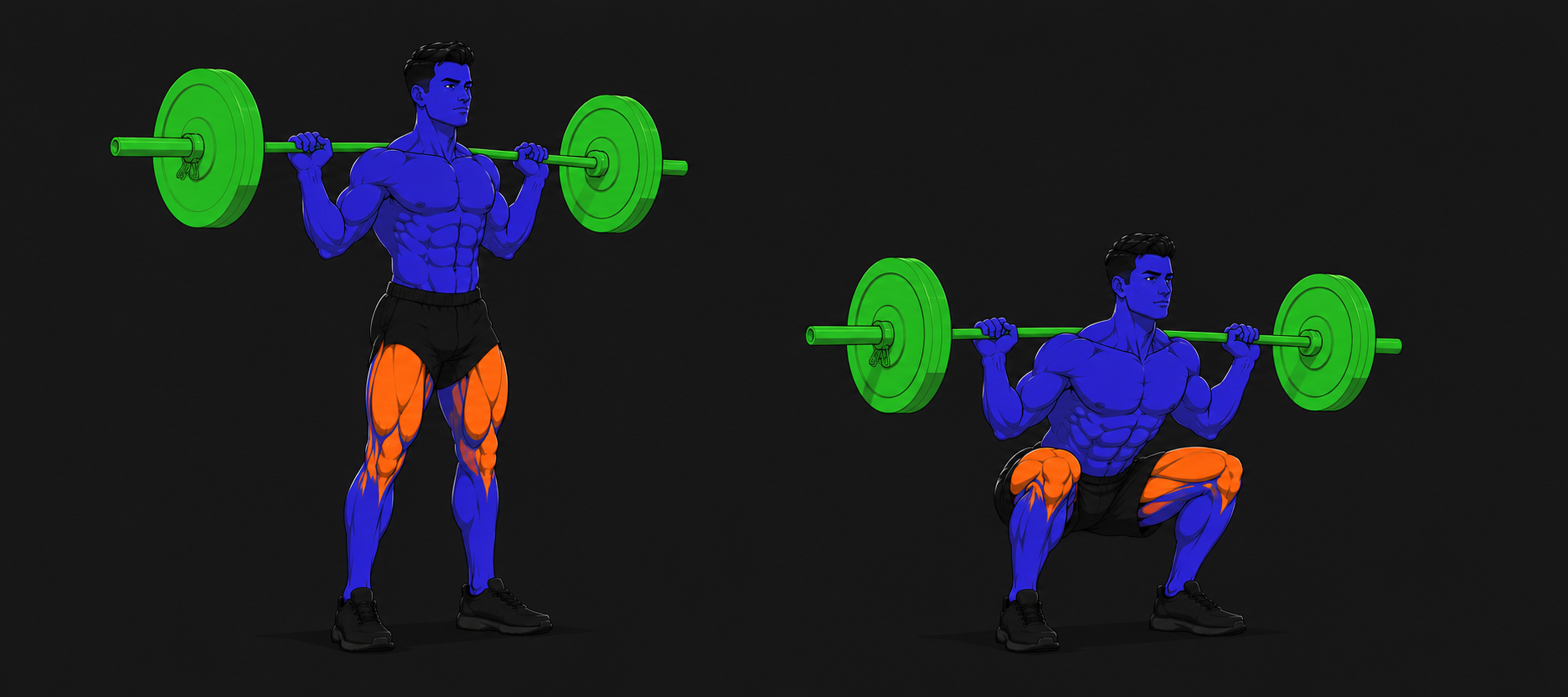 Barbell Back Squat exercise guide showing the start and finish positions.
