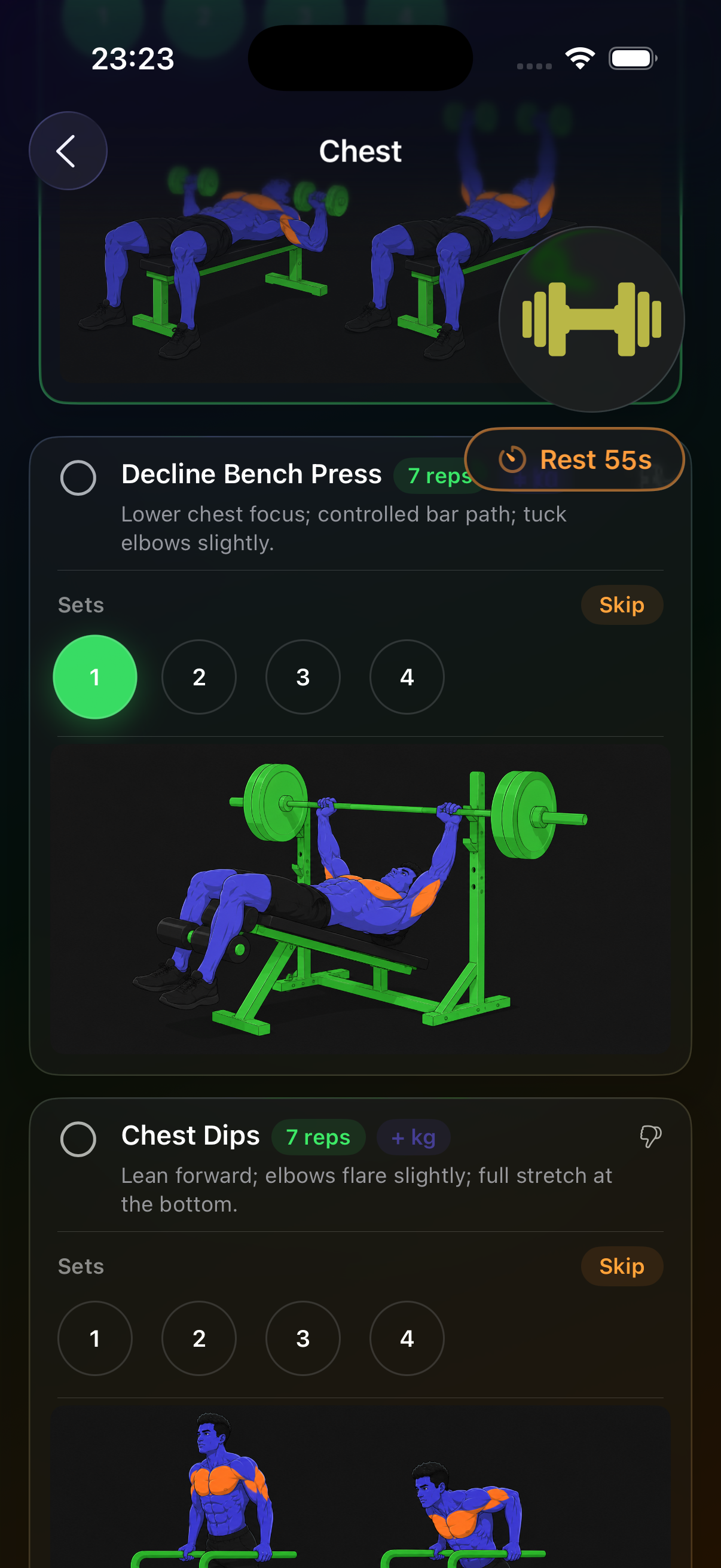 The Hone live workout screen showing Decline Bench Press with a running rest timer, exercise illustration, and the active set highlighted in green.