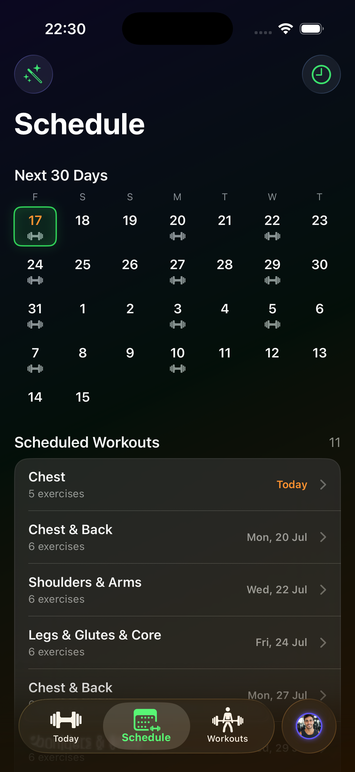 The Hone Schedule screen: a 30-day calendar with dumbbell markers on training days, above a list of scheduled workouts like Chest, Chest & Back, and Shoulders & Arms.